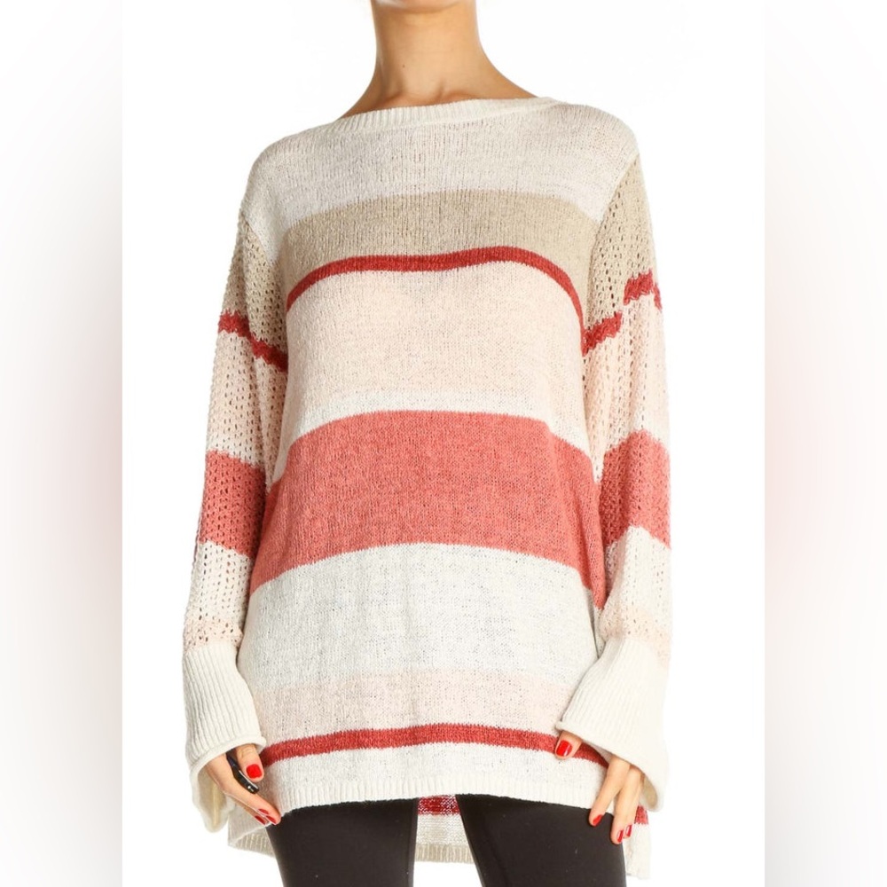 LOFT Cream and Orange Crew Neck Sweater with Stripes, EUC